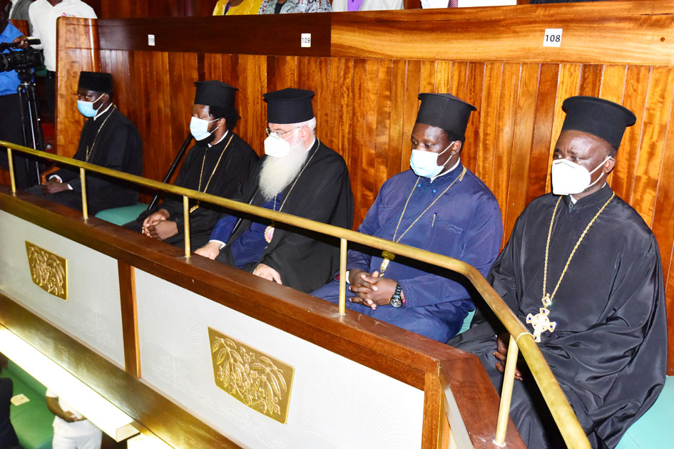 Leaders of the Orthodox Church attending plenary where MPs paid glowing tribute to the late Archbishop of the Church of Uganda, Jonah Lwanga. 