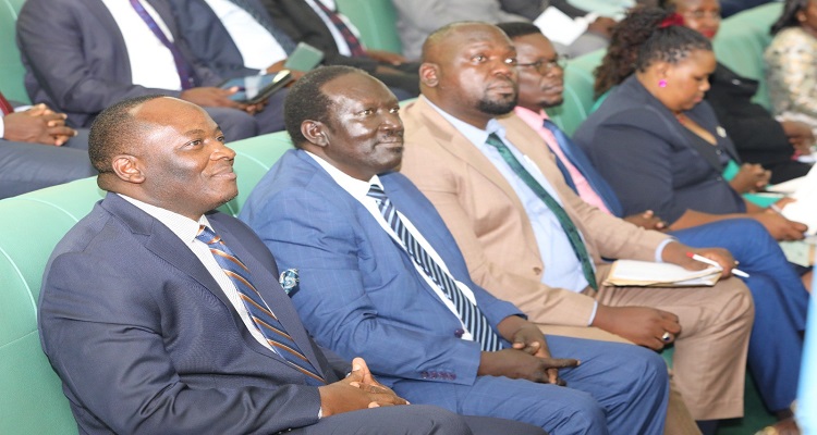 L-R: The LOP, Hon. Mathias Mpuuga, the Chief Opposition Whip, Hon. John Baptist Nambeshe and Dr Batuwa during the plenary